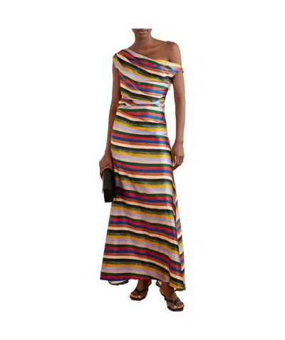 Staud Phare One-shoulder Draped Striped Silk-blend Satin Maxi Dress In Multi