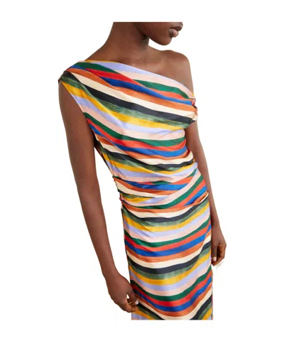 Staud Phare One-shoulder Draped Striped Silk-blend Satin Maxi Dress In Multi