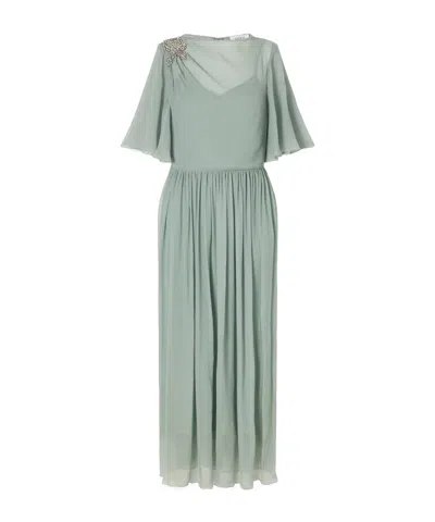 Erdem Embellished Silk Creponne Short Sleeve Midi Dress In Green