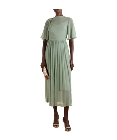 Erdem Embellished Silk Creponne Short Sleeve Midi Dress In Green
