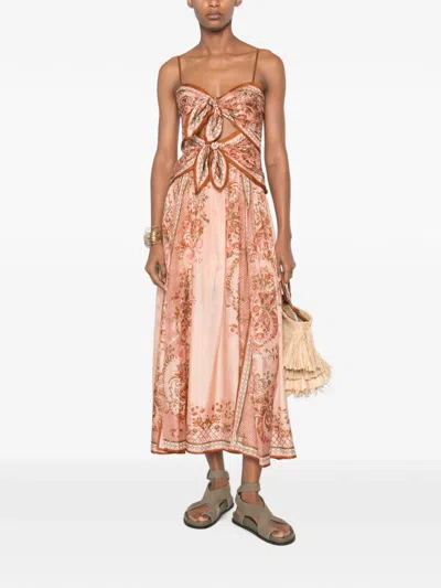 Zimmermann Womens Pink Paisley Floral Aster Scar Silk Midi Dress Xl In Brown