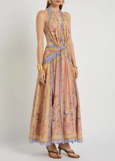 Zimmermann Indra Plunge Printed Metallic Cotton And Silk-blend Halterneck Maxi Dress In Brown