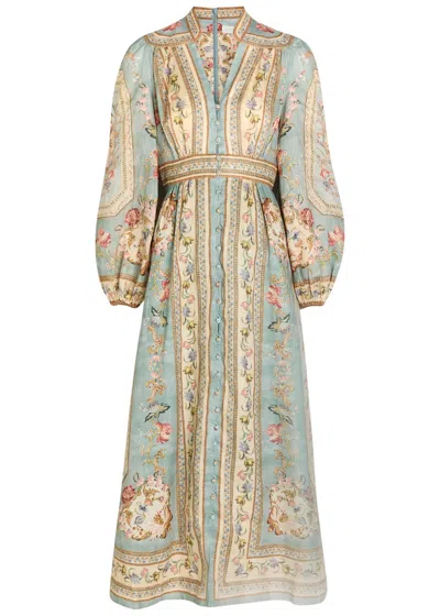 Zimmermann Womens Blue Tapestry Floral Roselight Plunge Linen Midi Dress Xs In Multi