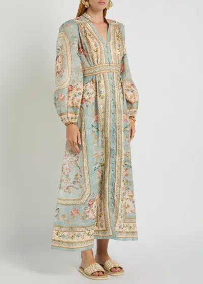 Zimmermann Womens Blue Tapestry Floral Roselight Plunge Linen Midi Dress Xs In Multi