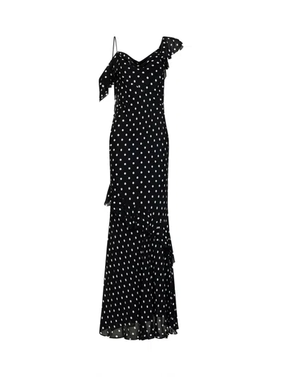 Self-portrait Long Dress Black Polka Dot With V-neck In Black Georgette For Women