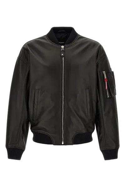 Dsquared2 Leather Jacket Front Pockets Ribbed Cuffs In Black