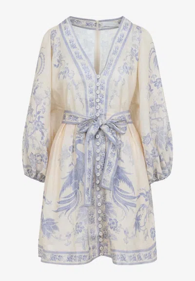 Zimmermann Womens Indra Plunge Linen Mini Dress Cream Lilac Floral In White