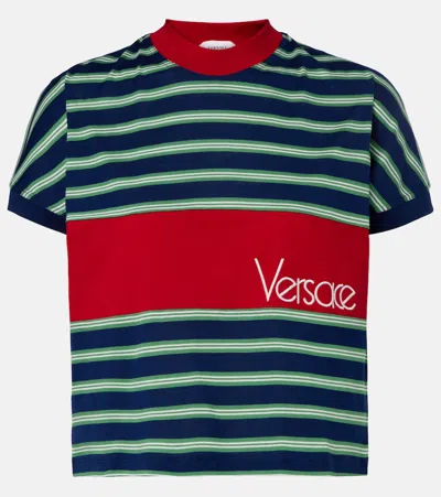 Versace Logo-embroidered Striped Cotton-jersey T-shirt In Black
