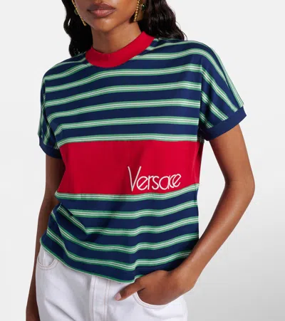 Versace Logo-embroidered Striped Cotton-jersey T-shirt In Black