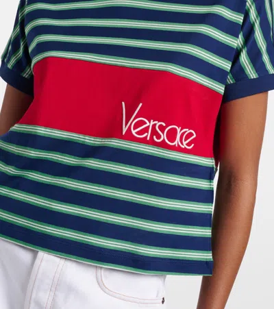 Versace Logo-embroidered Striped Cotton-jersey T-shirt In Black