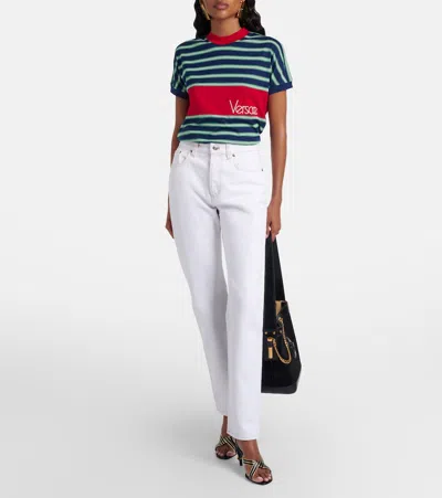 Versace Logo-embroidered Striped Cotton-jersey T-shirt In Black