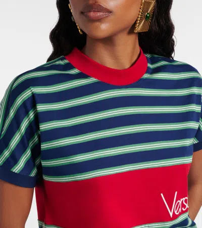 Versace Logo-embroidered Striped Cotton-jersey T-shirt In Black