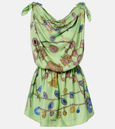 Versace Knotted Draped Printed Silk-twill Mini Dress In Green