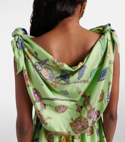 Versace Knotted Draped Printed Silk-twill Mini Dress In Green