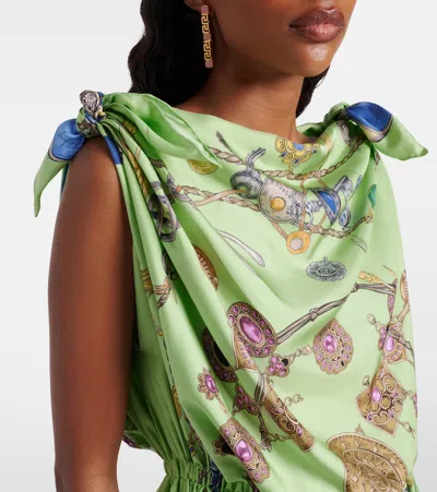 Versace Knotted Draped Printed Silk-twill Mini Dress In Green