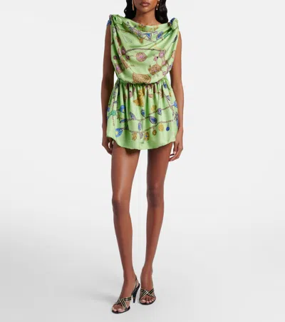 Versace Knotted Draped Printed Silk-twill Mini Dress In Green