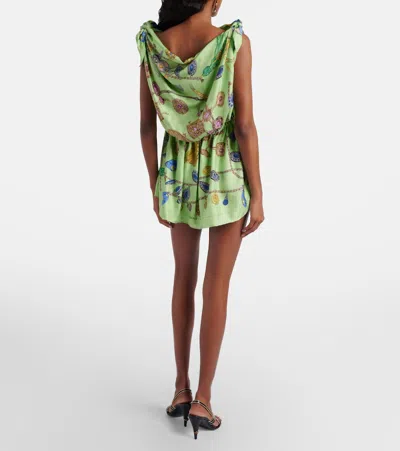 Versace Knotted Draped Printed Silk-twill Mini Dress In Green