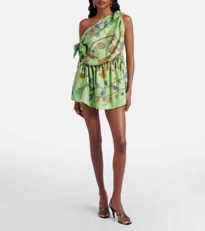 Versace Knotted Draped Printed Silk-twill Mini Dress In Green
