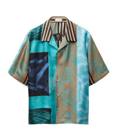 Versace Camicia A Maniche Corte In Seta Multicolor  In Blue