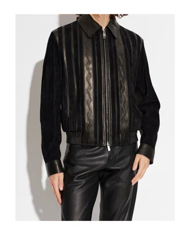 Versace Greca-embossed Panelled Jacket In Black
