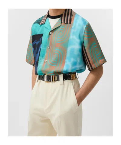 Versace Camicia A Maniche Corte In Seta Multicolor  In Blue