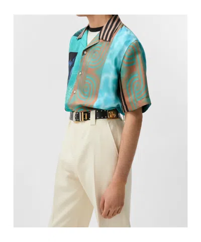 Versace Camicia A Maniche Corte In Seta Multicolor  In Blue