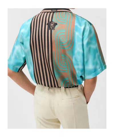 Versace Camicia A Maniche Corte In Seta Multicolor  In Blue