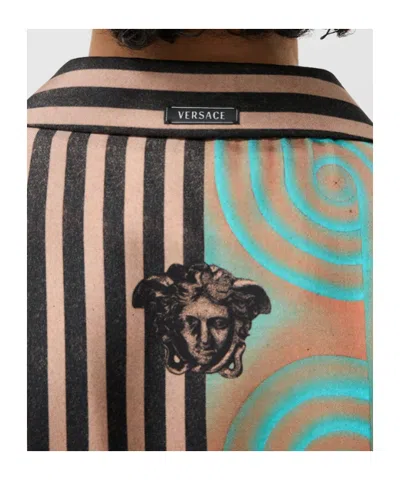 Versace Camicia A Maniche Corte In Seta Multicolor  In Blue