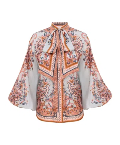 Zimmermann Paisley Floral Pure Silk Blouse With Self-tie Neck Detail In Multi