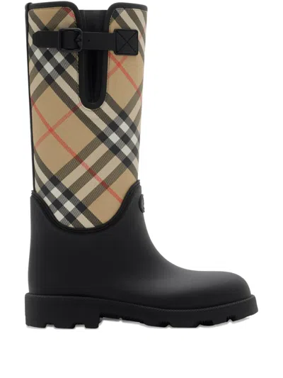 Burberry Woven Check Rain Boots With Adjustable Buckle And Equestrian Design In Black