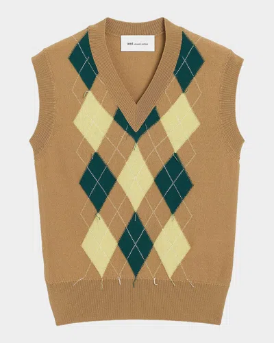 Ami Alexandre Mattiussi Brown Wool And Cotton Argyle Intarsia Sleeveless Sweater Beige