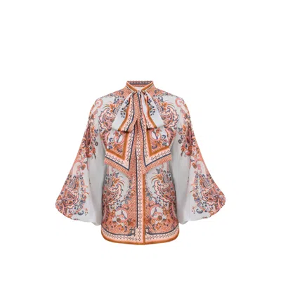 Zimmermann Paisley Floral Pure Silk Blouse With Self-tie Neck Detail In Animal Print