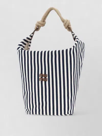 Miu Miu Canvas Bucket Bag Striped Pattern Rope Handle In Black