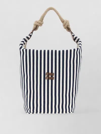 Miu Miu Canvas Bucket Bag Striped Pattern Rope Handle In Black