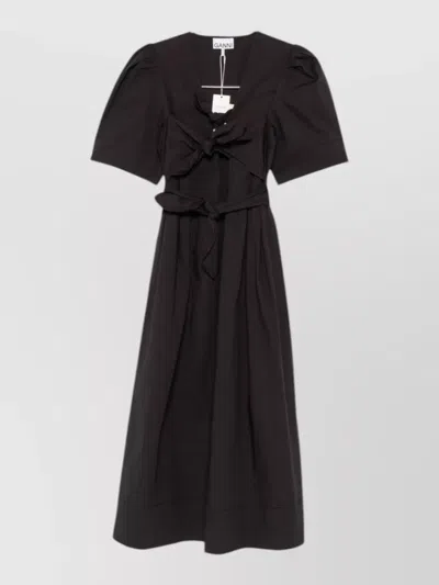 Ganni Belted Bow-embellished Stretch-cotton Poplin Midi Dress In Black