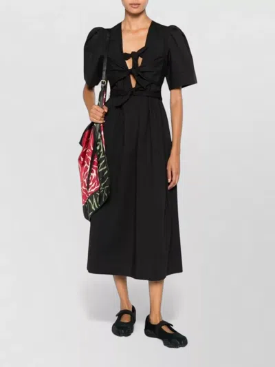 Ganni Belted Bow-embellished Stretch-cotton Poplin Midi Dress In Black