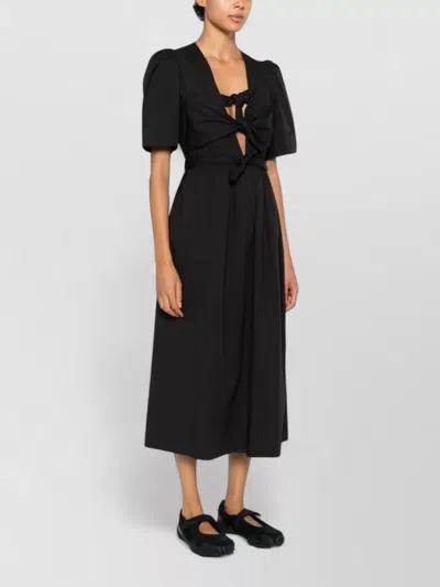 Ganni Belted Bow-embellished Stretch-cotton Poplin Midi Dress In Black