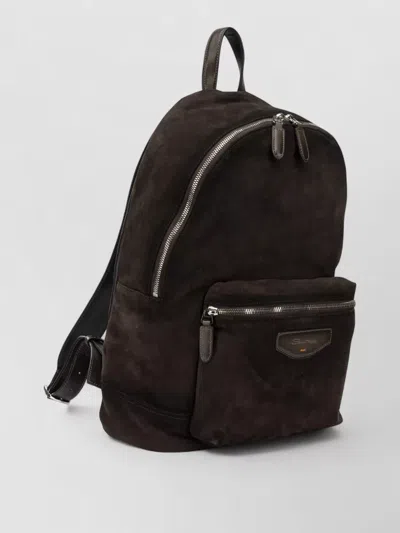 Santoni Suede Backpack Adjustable Straps Top Handle In Brown