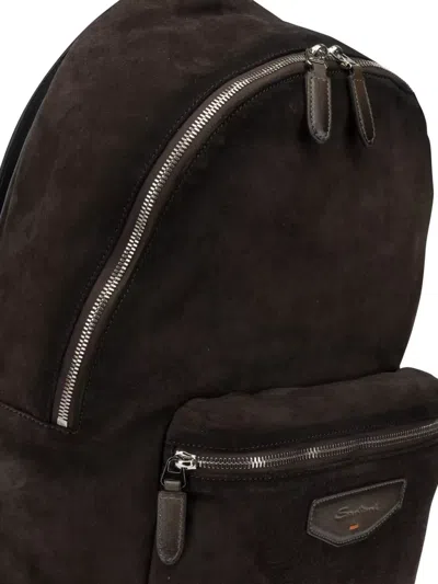 Santoni Suede Backpack Adjustable Straps Top Handle In Brown