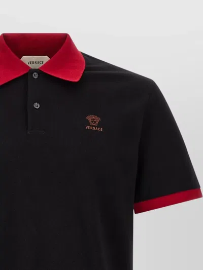 Versace Black Solid Shirt Collar Polo In Black