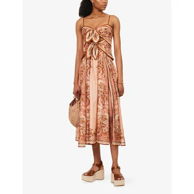 Zimmermann Womens Pink Paisley Floral Aster Scar Silk Midi Dress Xl In Brown