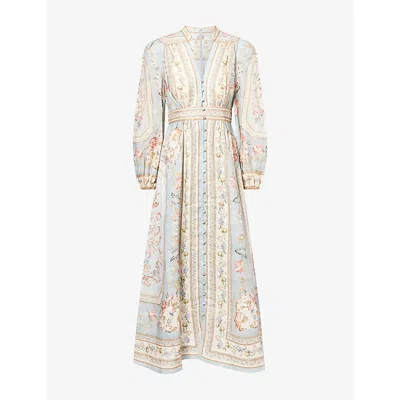 Zimmermann Womens Blue Tapestry Floral Roselight Plunge Linen Midi Dress Xs In Multi