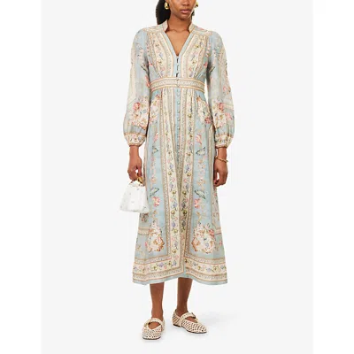Zimmermann Womens Blue Tapestry Floral Roselight Plunge Linen Midi Dress Xs In Multi