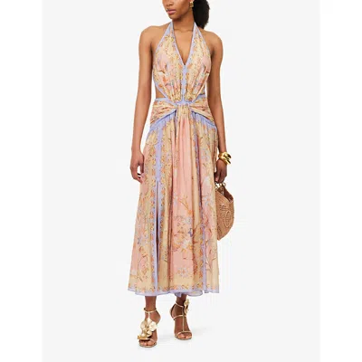 Zimmermann Womens Pink Scarf Floral Indra Printed Halter-neck Silk And Cotton Maxi Dress In Animal Print
