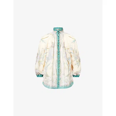 Zimmermann Womens Cream Scarf Floral Indra Billow Cotton And Linen Blend Blouse Xs In Multi