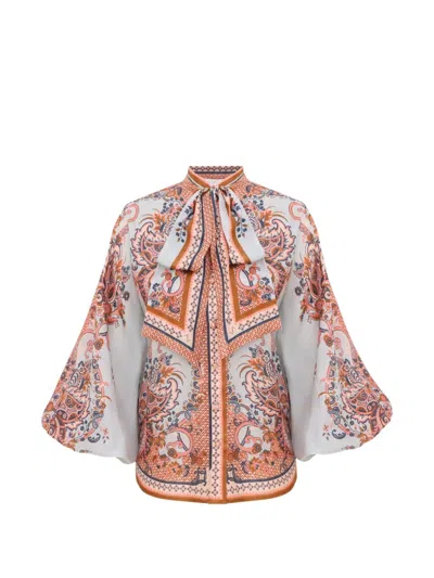 Zimmermann Paisley Floral Pure Silk Blouse With Self-tie Neck Detail In Blue