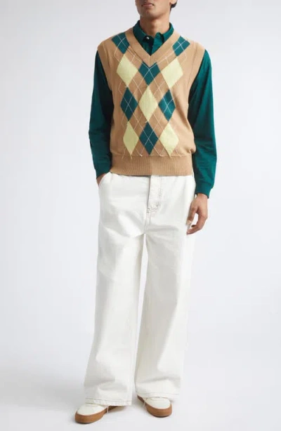 Ami Alexandre Mattiussi Brown Wool And Cotton Argyle Intarsia Sleeveless Sweater Beige