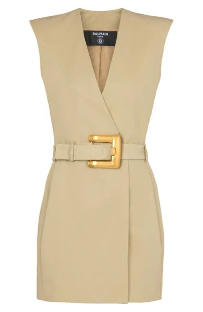 Balmain Wrap Cotton Gabardine Dress Belt Detail In Neutral