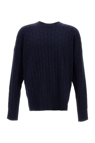 Plan C Checked Pattern Wool Sweater With Ribbed Crew Neck In Blue