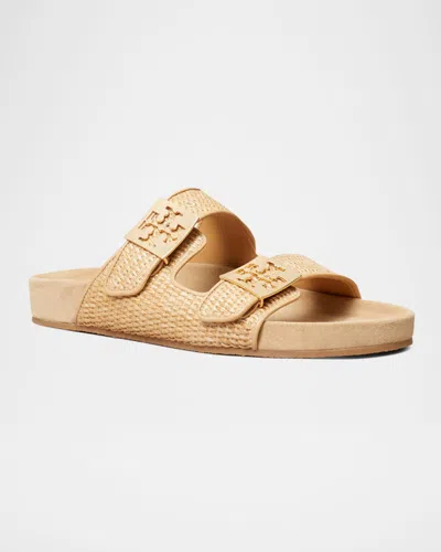 Tory Burch Mellow Logo-embellished Raffia And Leather Sandals In Nude
